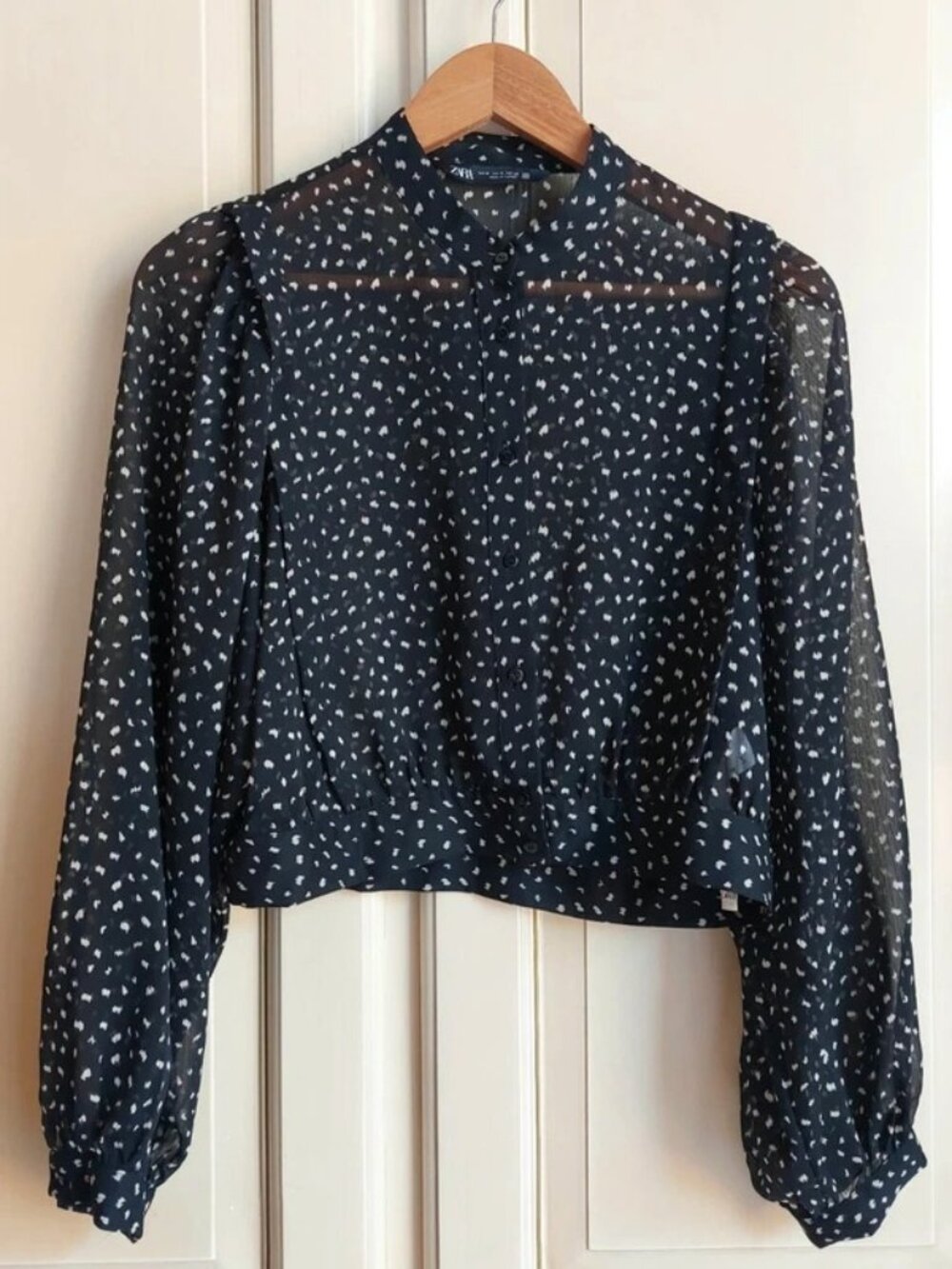 Black Polka Dot Cropped Blouse Puff Sleeves, Women’s Size M